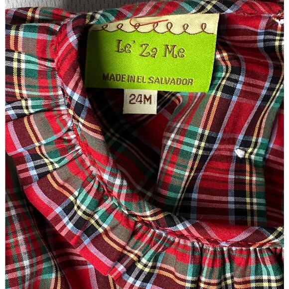 NWT Le' Za Me Red Plaid Short Sleeve Ruffle Neck Dress w/Bow Girls 24 Mo - Picture 4 of 4